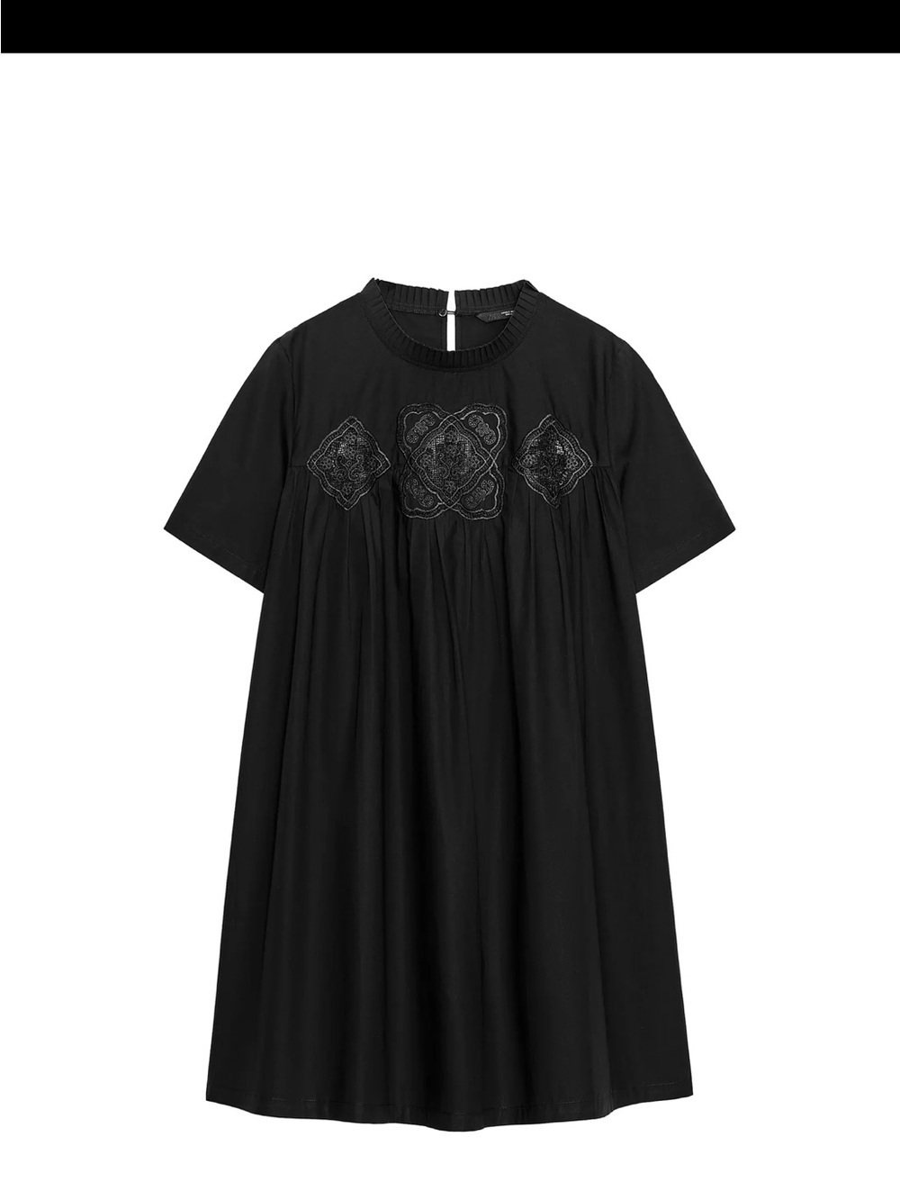 Zara Black Short Sleeve Dress with Ruffled Trim and embroidered